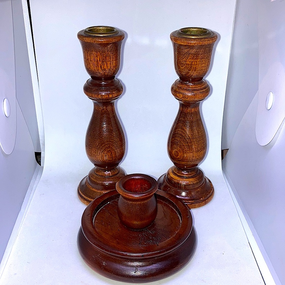 3 vintage classic wood turned candle stick holders wooden shabby